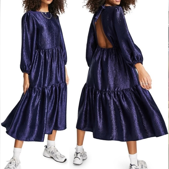 Topshop Blue Metallic Midi Dress - Picture 2 of 4